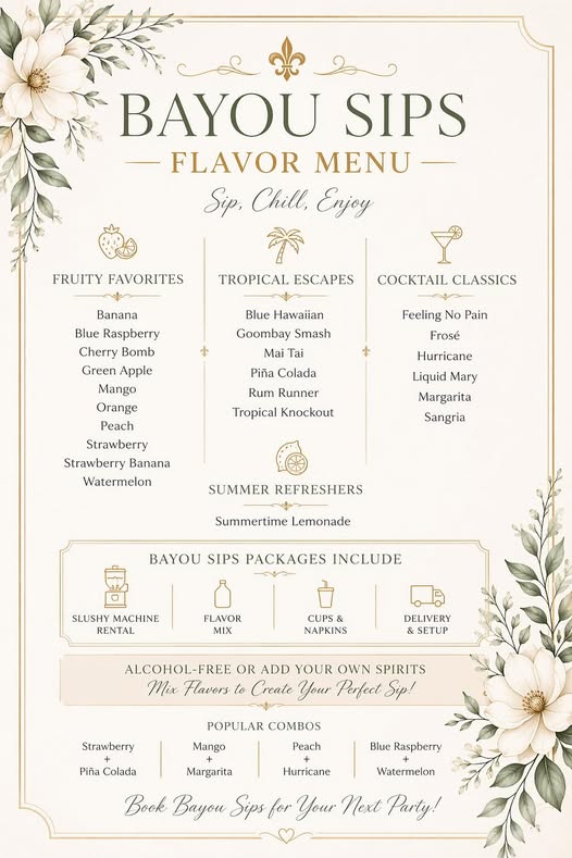 Bayou Sips flavor menu with fruity favorites, tropical escapes, cocktail classics, and popular combos